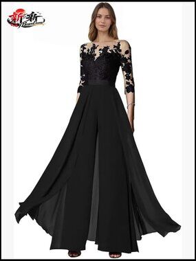 Formal Jumpsuit with Lace Appliques Chiffon Fabric Pantsuit